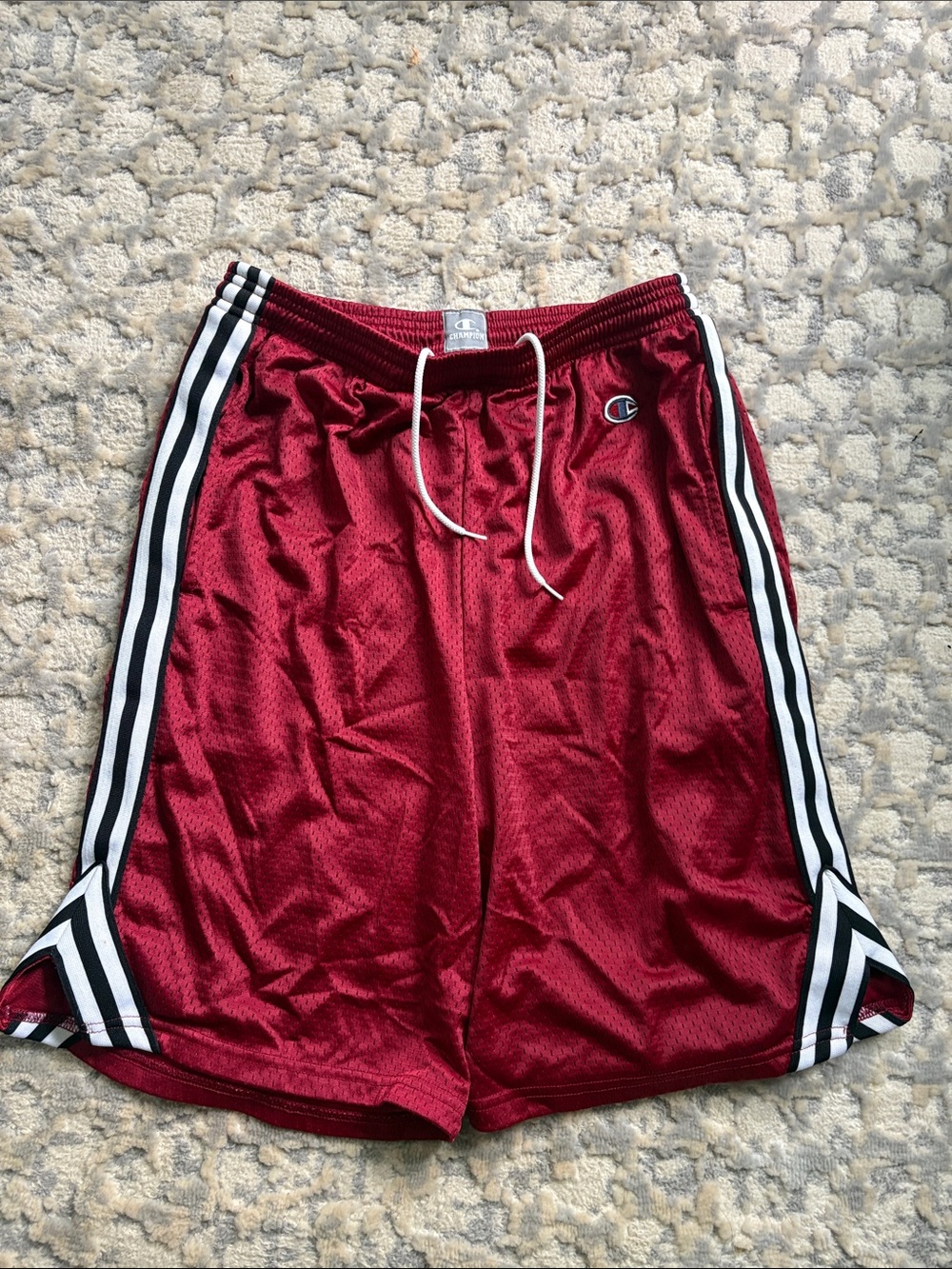 Vintage Champion Men’s Maroon Athletic Shorts with Black and White Side Stripes